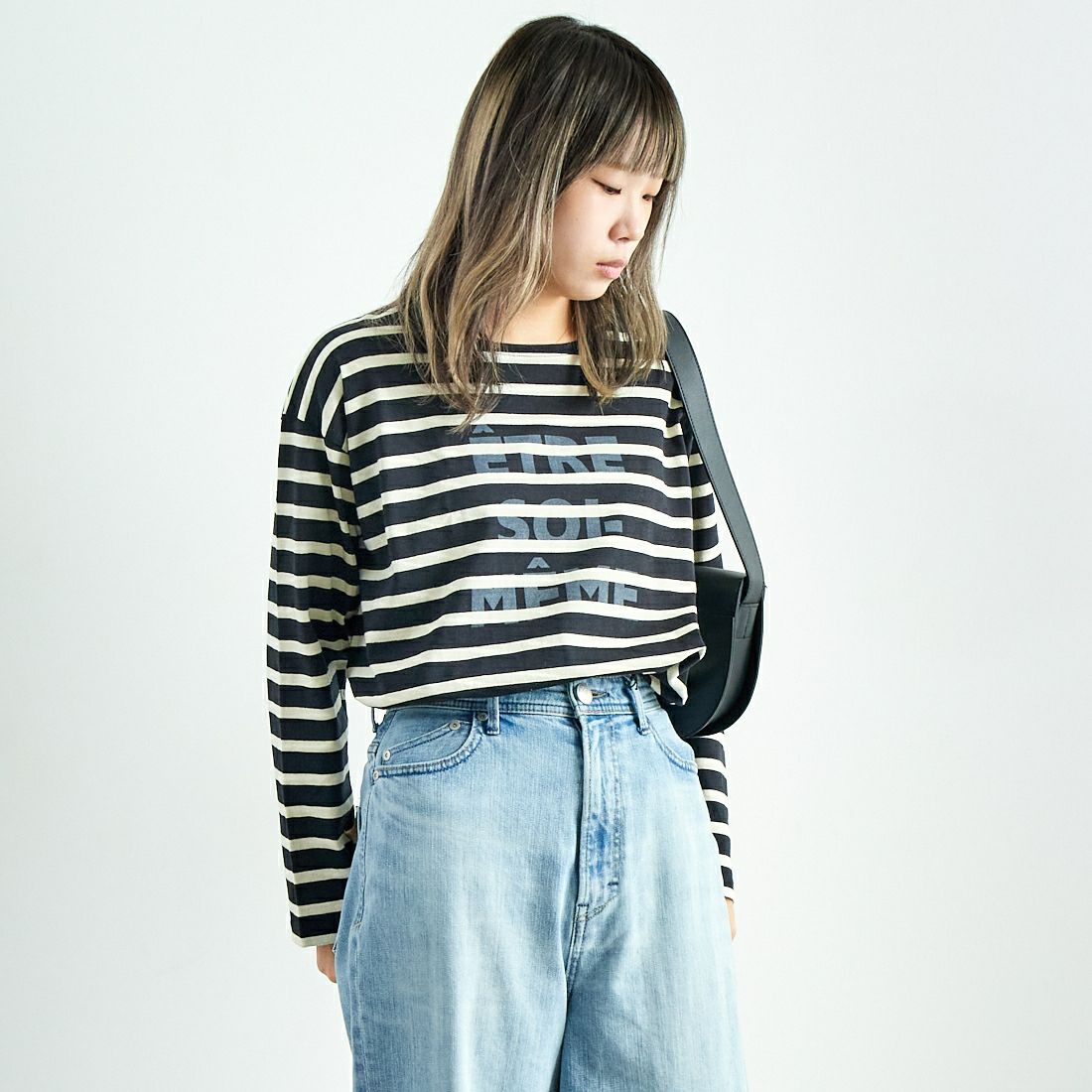 ARMEN [アーメン] ストライプバスクシャツ [NLA1951P07] 9981 NOIR/ &&モデル身長：167cm 着用サイズ：1&&