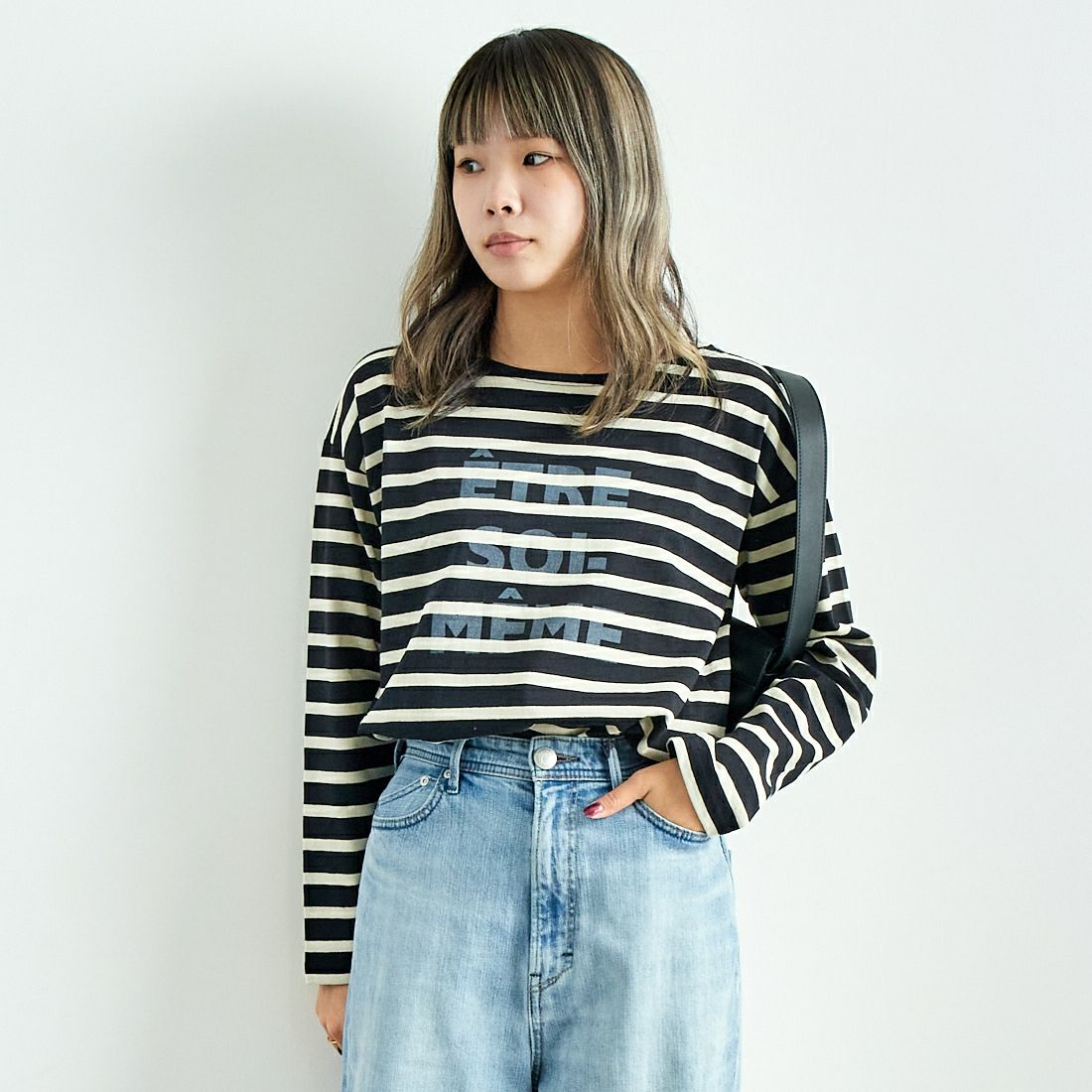 ARMEN [アーメン] ストライプバスクシャツ [NLA1951P07] 9981 NOIR/ &&モデル身長：167cm 着用サイズ：1&&