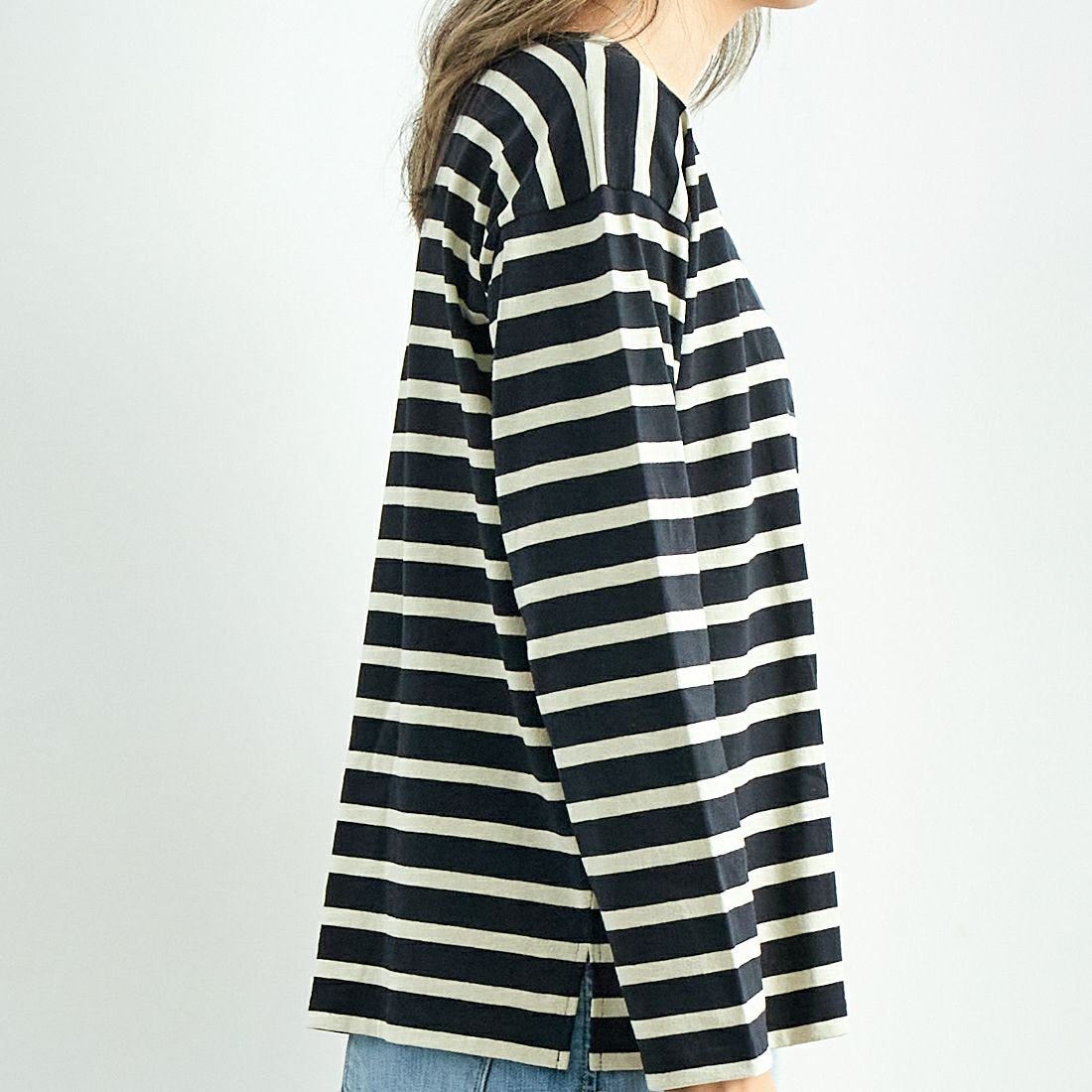 ARMEN [アーメン] ストライプバスクシャツ [NLA1951P07] 9981 NOIR/ &&モデル身長：167cm 着用サイズ：1&&