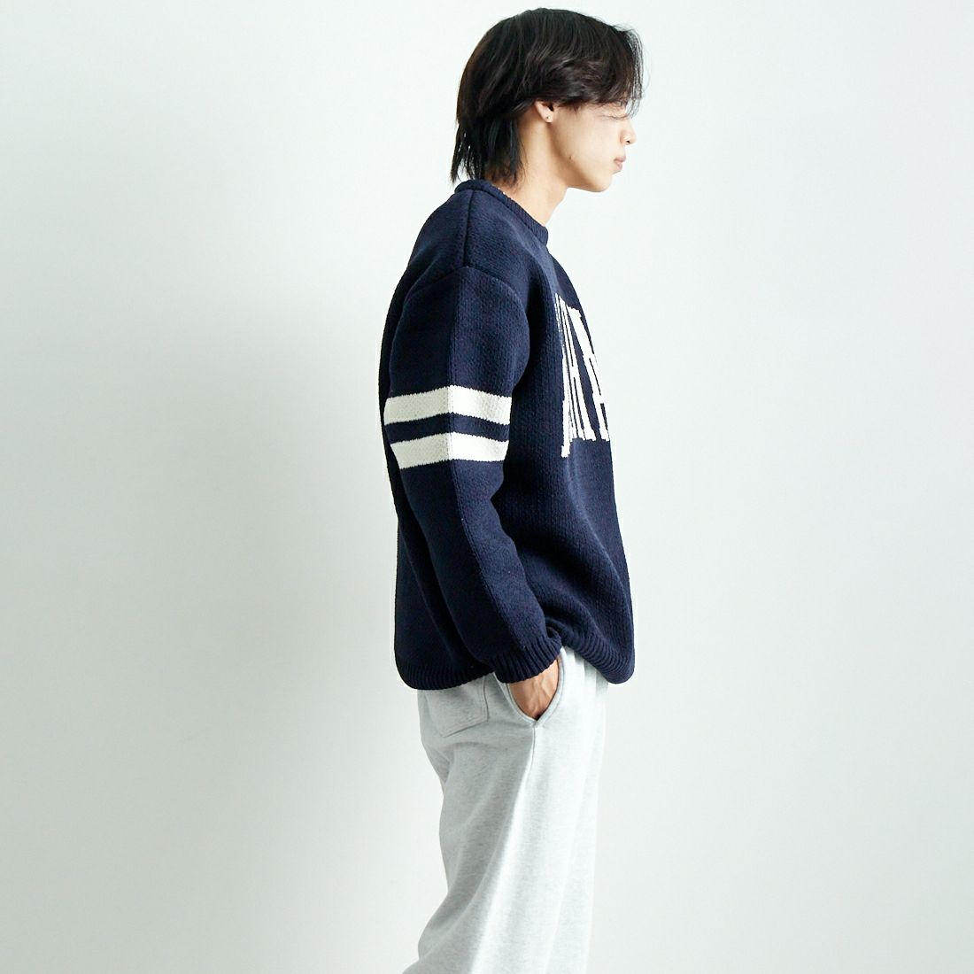AntiBal [アンティバル] 別注 7Gモールクルーネックニット [244HU1KN016-JF] NVY &&モデル身長：179cm 着用サイズ：L&&