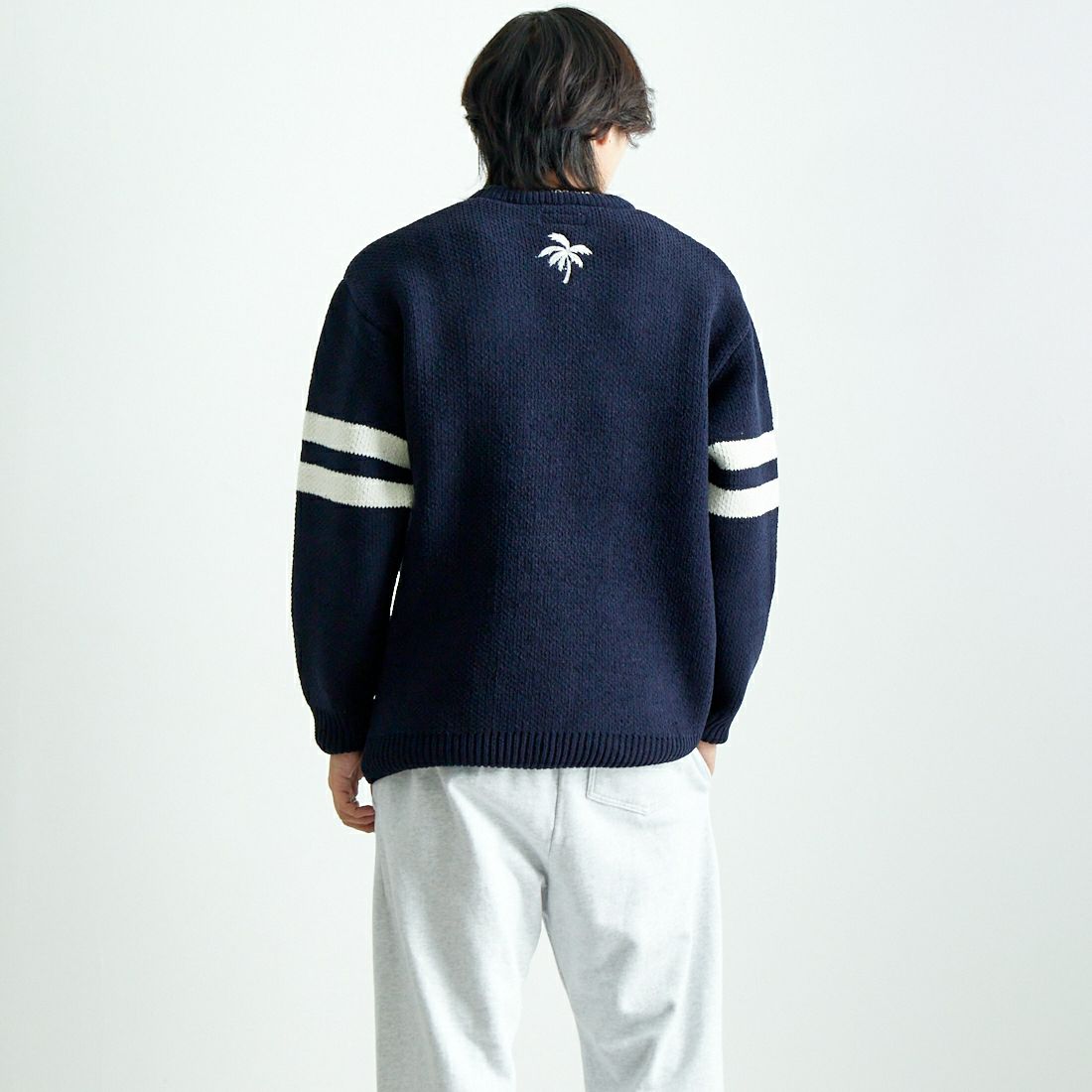 AntiBal [アンティバル] 別注 7Gモールクルーネックニット [244HU1KN016-JF] NVY &&モデル身長：179cm 着用サイズ：L&&