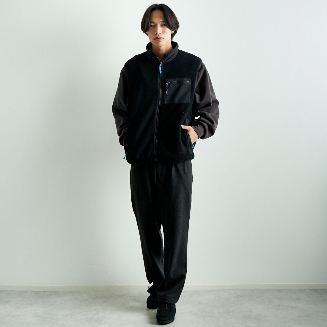 Jeans Factory Clothes [ジーンズファクトリークローズ] PREMIUM WARM タックイージートラウザー [JFC-244-083] BLACK &&モデル身長：179cm 着用サイズ：L&&