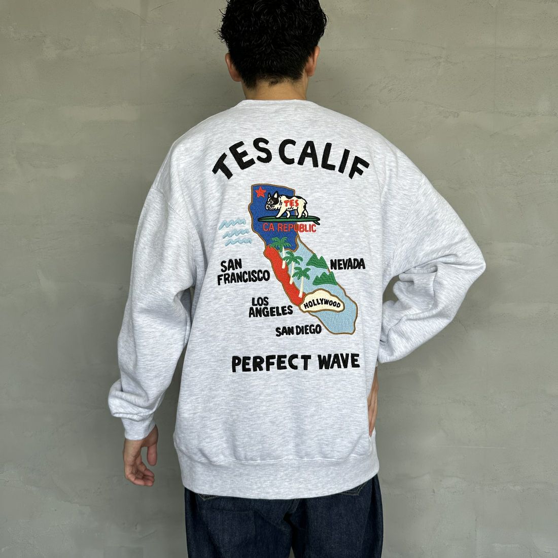 The Endless Summer [エンドレスサマー] 別注 TES CALIF MAP バック刺繍スウェット [C-24774504-JF] 03 GRAY &&モデル身長：168cm 着用サイズ：L&&