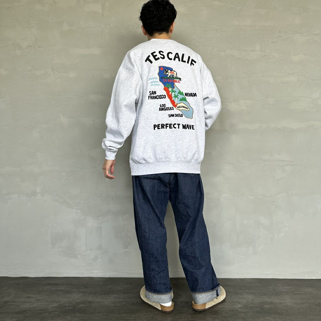 The Endless Summer [エンドレスサマー] 別注 TES CALIF MAP バック刺繍スウェット [C-24774504-JF] 03 GRAY &&モデル身長：168cm 着用サイズ：L&&