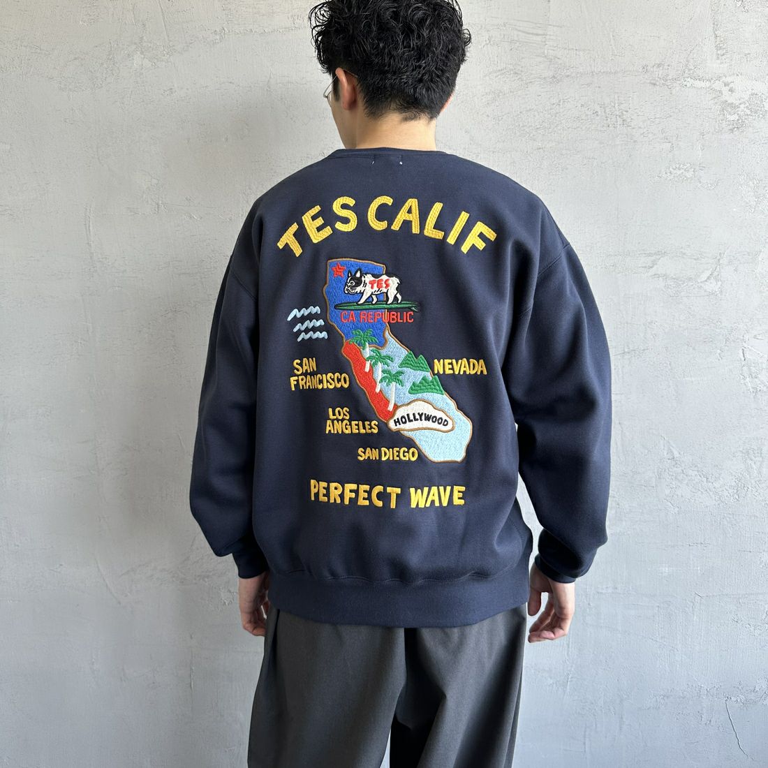 The Endless Summer [エンドレスサマー] 別注 TES CALIF MAP バック刺繍スウェット [C-24774504-JF] 60 NAVY &&モデル身長：168cm 着用サイズ：M&&