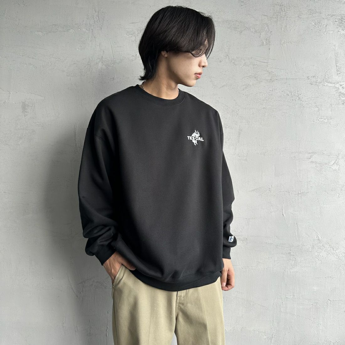 The Endless Summer [エンドレスサマー] 別注 TES CALバックロゴ刺繍スウェット [C-24774505-JF] 01 BLACK &&モデル身長：179cm 着用サイズ：XL&&