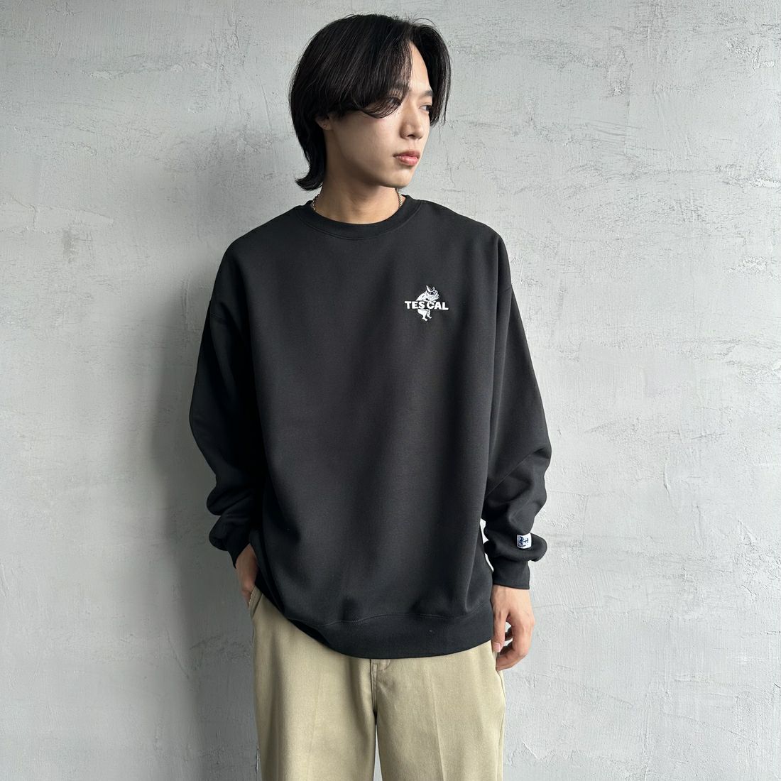 The Endless Summer [エンドレスサマー] 別注 TES CALバックロゴ刺繍スウェット [C-24774505-JF] 01 BLACK &&モデル身長：179cm 着用サイズ：XL&&