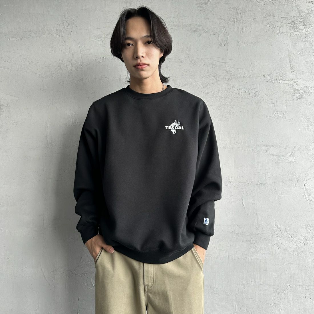 The Endless Summer [エンドレスサマー] 別注 TES CALバックロゴ刺繍スウェット [C-24774505-JF] 01 BLACK &&モデル身長：179cm 着用サイズ：M&&