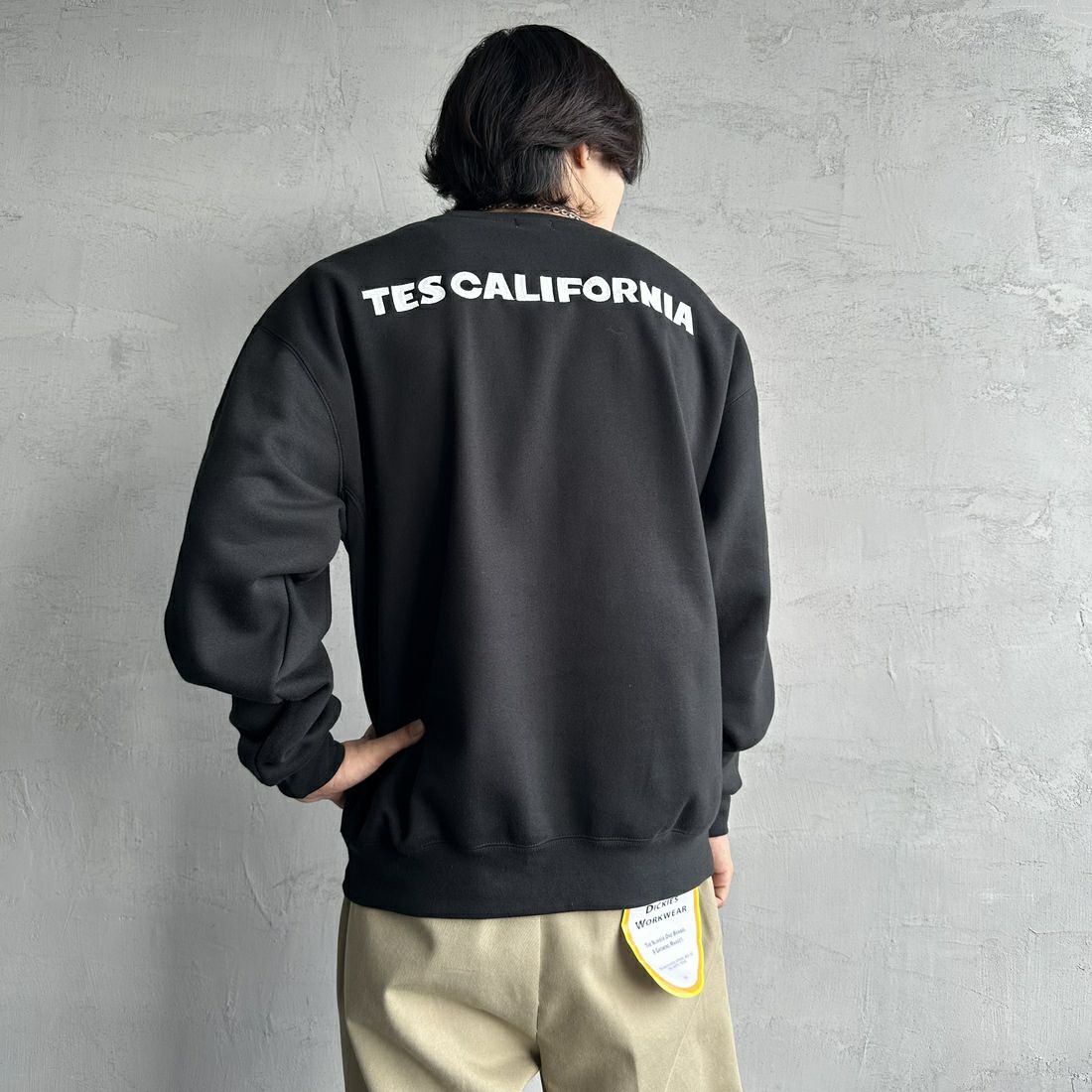 The Endless Summer [エンドレスサマー] 別注 TES CALバックロゴ刺繍スウェット [C-24774505-JF] 01 BLACK &&モデル身長：179cm 着用サイズ：M&&