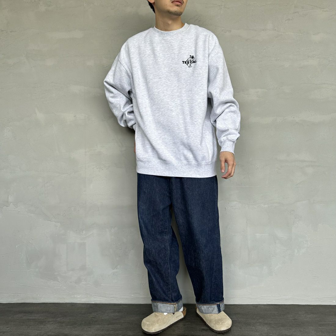 The Endless Summer [エンドレスサマー] 別注 TES CALバックロゴ刺繍スウェット [C-24774505-JF] 03 GRAY &&モデル身長：168cm 着用サイズ：L&&