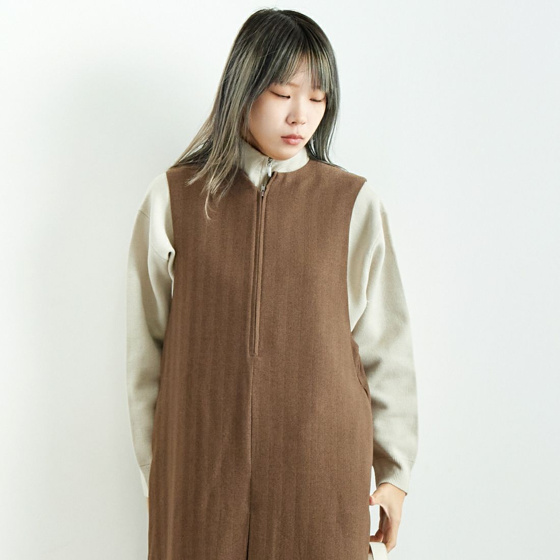 CLOCHE [クロシェ] ヘリンボーンツイードジャンスカ [45085052] ﾌﾞﾗｳﾝ &&モデル身長：167cm 着用サイズ：2&&
