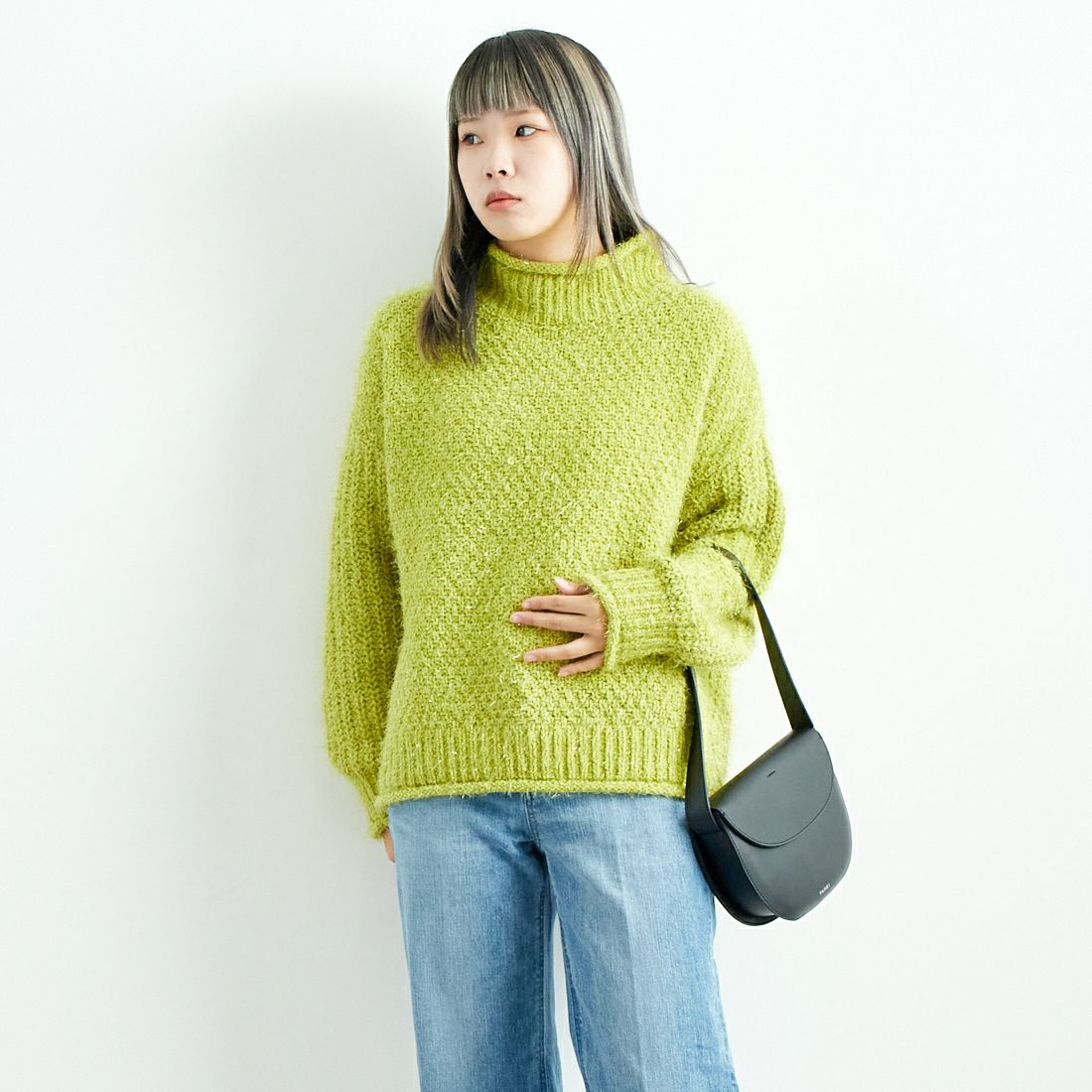 Jf Ready Made [ジェイエフレディメイド] ラメモールバスケット編みプルオーバー [3224424] ｲｴﾛｰｸﾞﾘｰﾝ &&モデル身長：167cm 着用サイズ：F&&