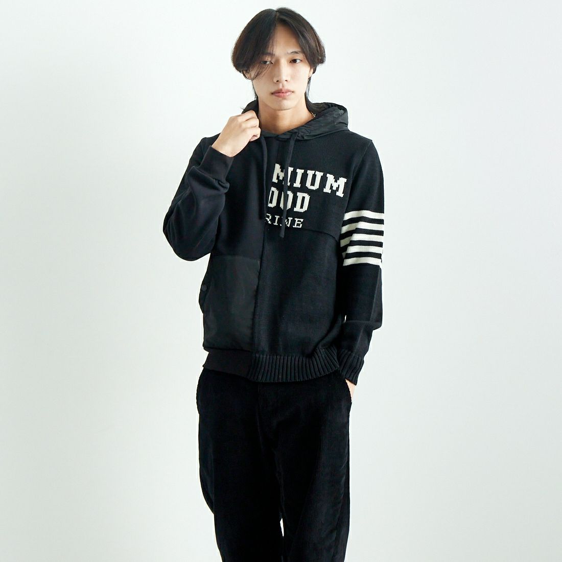 P.M.D.S. [ピーエムディーエス] 切り替えパーカー [RAISAMGA435] BLACK &&モデル身長：179cm 着用サイズ：L&&