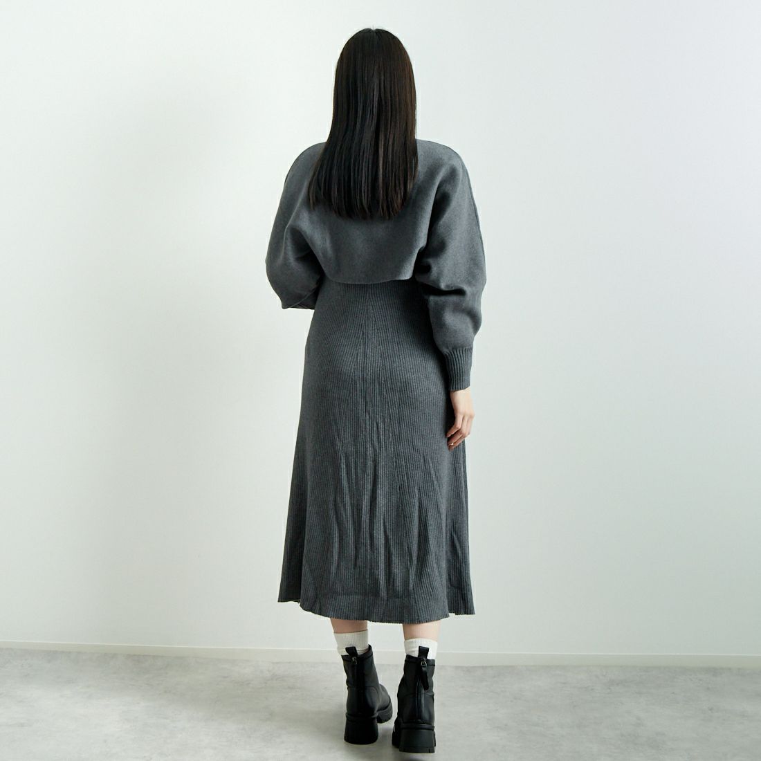 CLOCHE [クロシェ] リブニットセットワンピース [45285666] ﾁｬｺｰﾙ &&モデル身長：167cm 着用サイズ：2&&