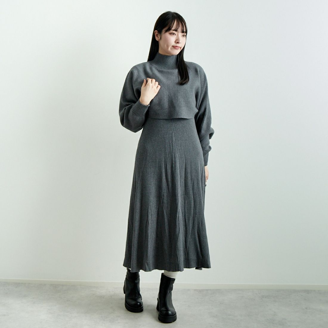 CLOCHE [クロシェ] リブニットセットワンピース [45285666] ﾁｬｺｰﾙ &&モデル身長：167cm 着用サイズ：2&&