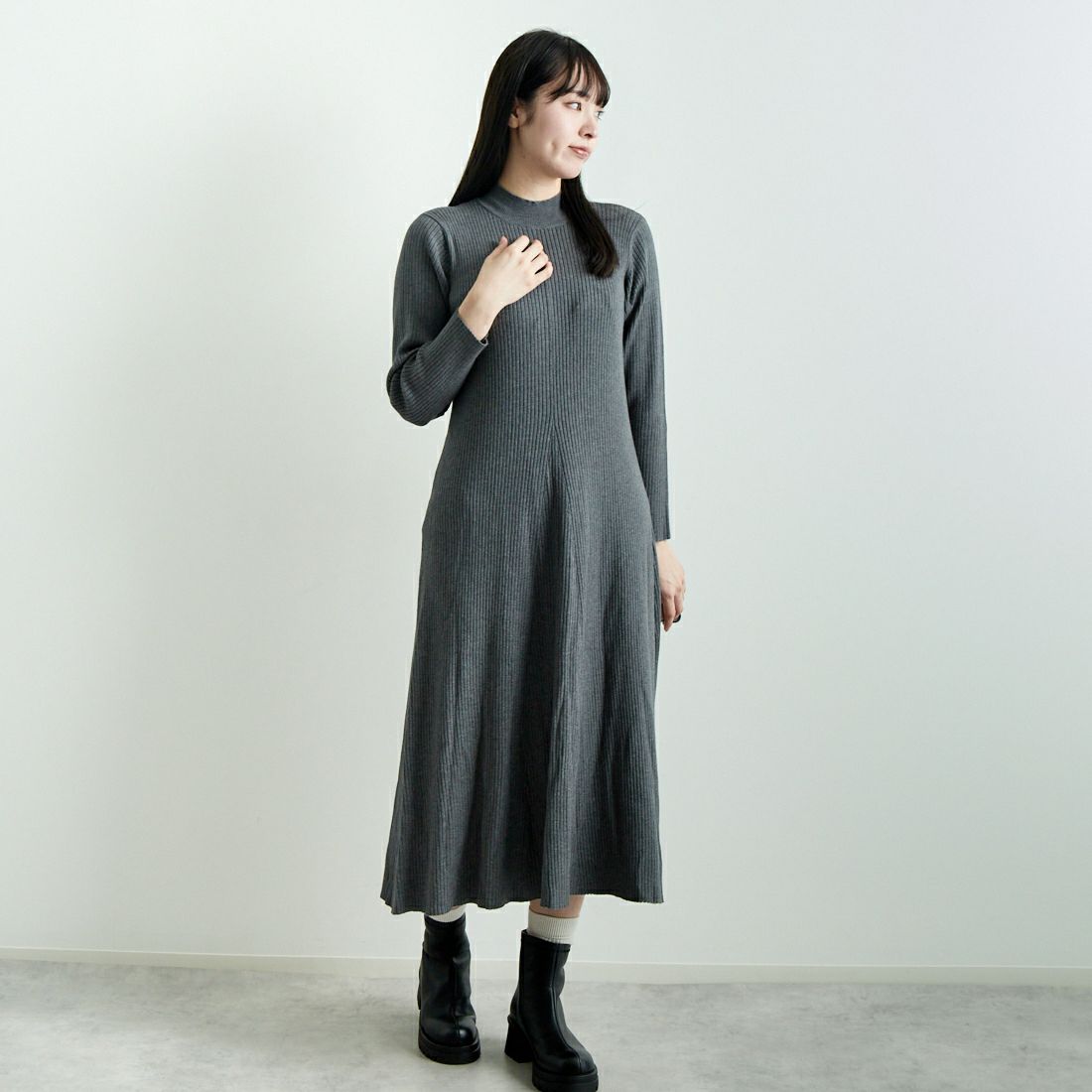 CLOCHE [クロシェ] リブニットセットワンピース [45285666] ﾁｬｺｰﾙ &&モデル身長：167cm 着用サイズ：2&&