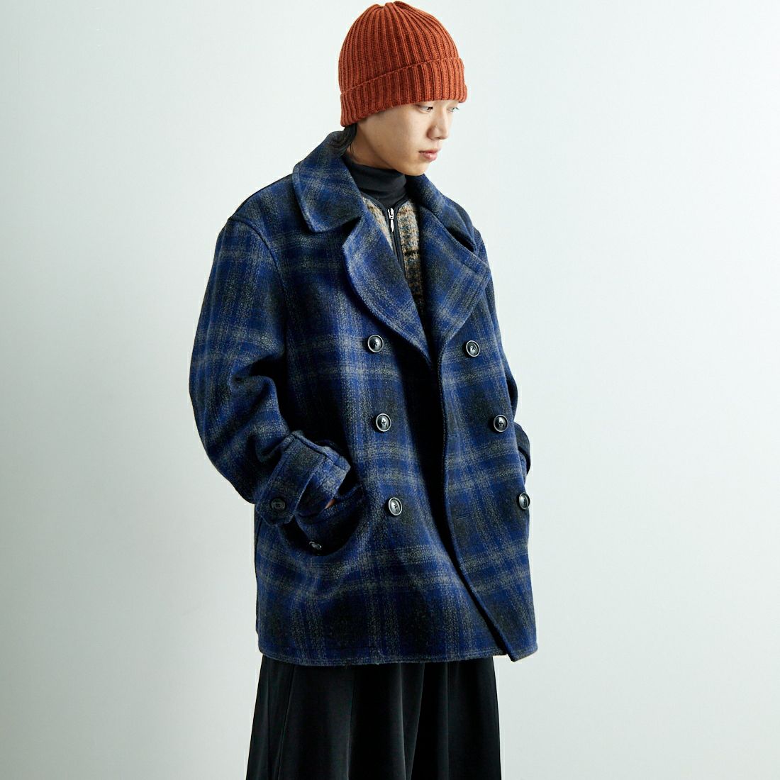 South2West8 [サウスツーウエストエイト] オンブレチェック メルトンピーコート [PU460] A NAVY &&モデル身長：179cm 着用サイズ：L&&