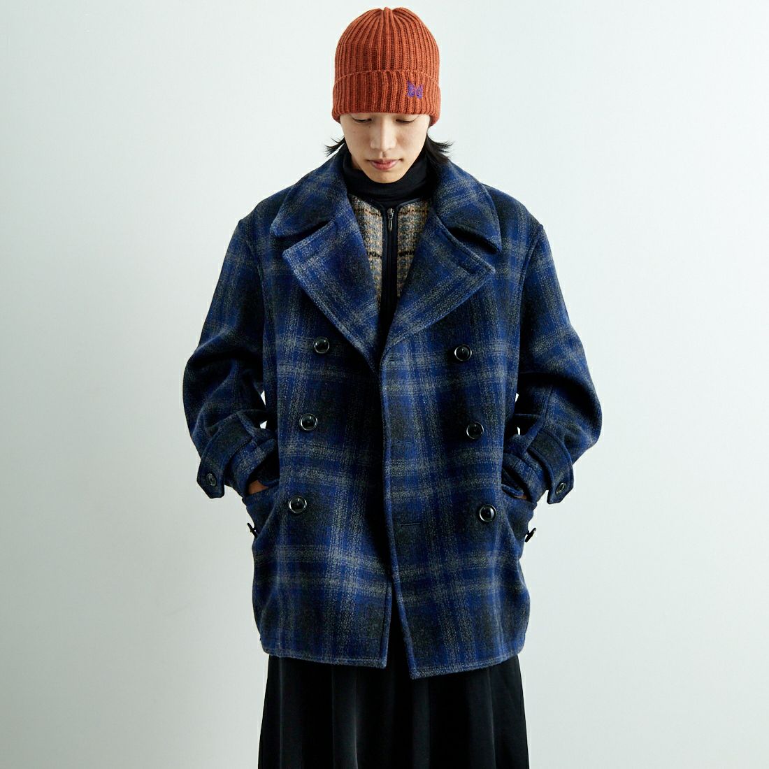 South2West8 [サウスツーウエストエイト] オンブレチェック メルトンピーコート [PU460] A NAVY &&モデル身長：179cm 着用サイズ：L&&