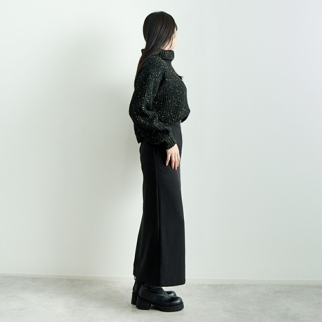 Jf Ready Made [ジェイエフレディメイド] ラメホイルタートルネックプルオーバー [3224431] ﾌﾞﾗｯｸ &&モデル身長：167cm 着用サイズ：F&&