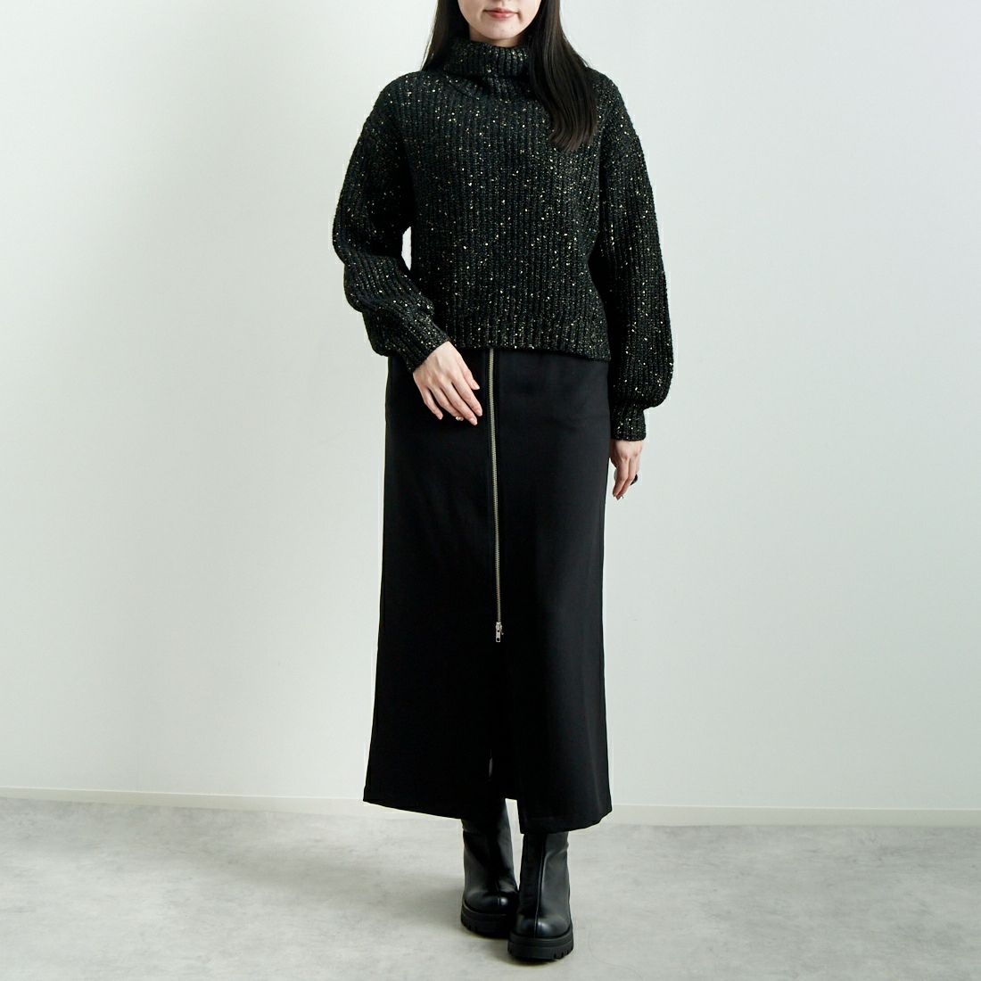 Jf Ready Made [ジェイエフレディメイド] ラメホイルタートルネックプルオーバー [3224431] ﾌﾞﾗｯｸ &&モデル身長：167cm 着用サイズ：F&&