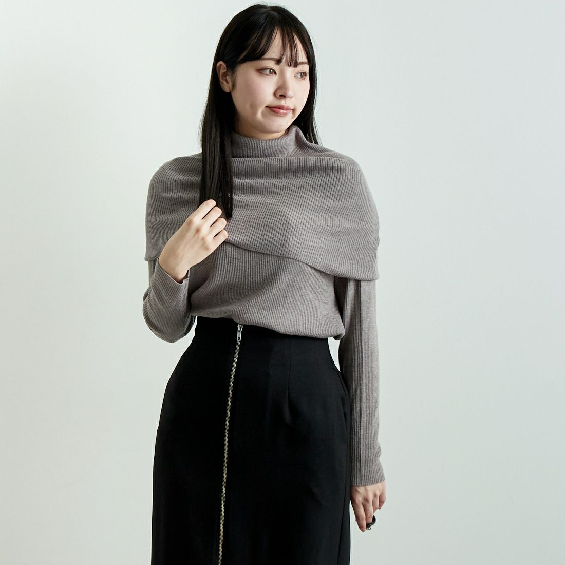 mizuiro ind [ミズイロインド] ケープカラーリブプルオーバー [4-220072] 19 L.BEIGE &&モデル身長：167m 着用サイズ：F&&