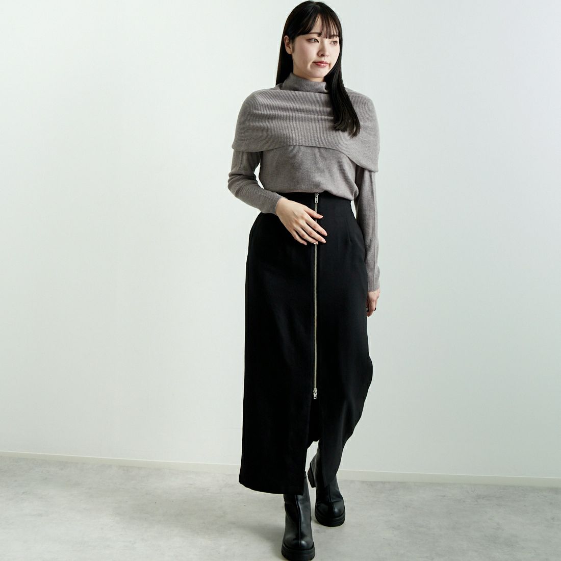 mizuiro ind [ミズイロインド] ケープカラーリブプルオーバー [4-220072] 19 L.BEIGE &&モデル身長：167m 着用サイズ：F&&