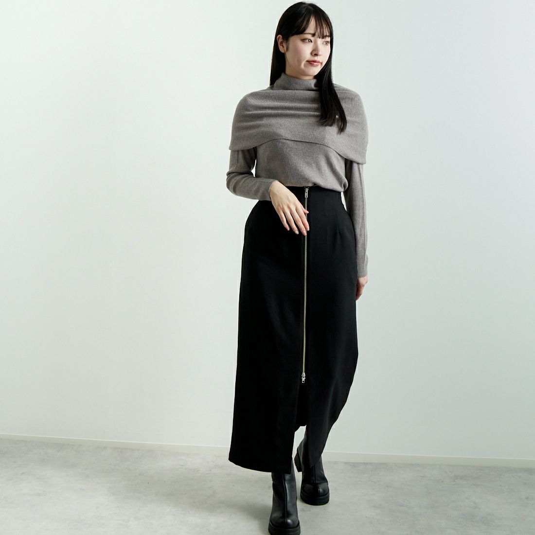 mizuiro ind [ミズイロインド] ケープカラーリブプルオーバー [4-220072] 19 L.BEIGE &&モデル身長：167m 着用サイズ：F&&