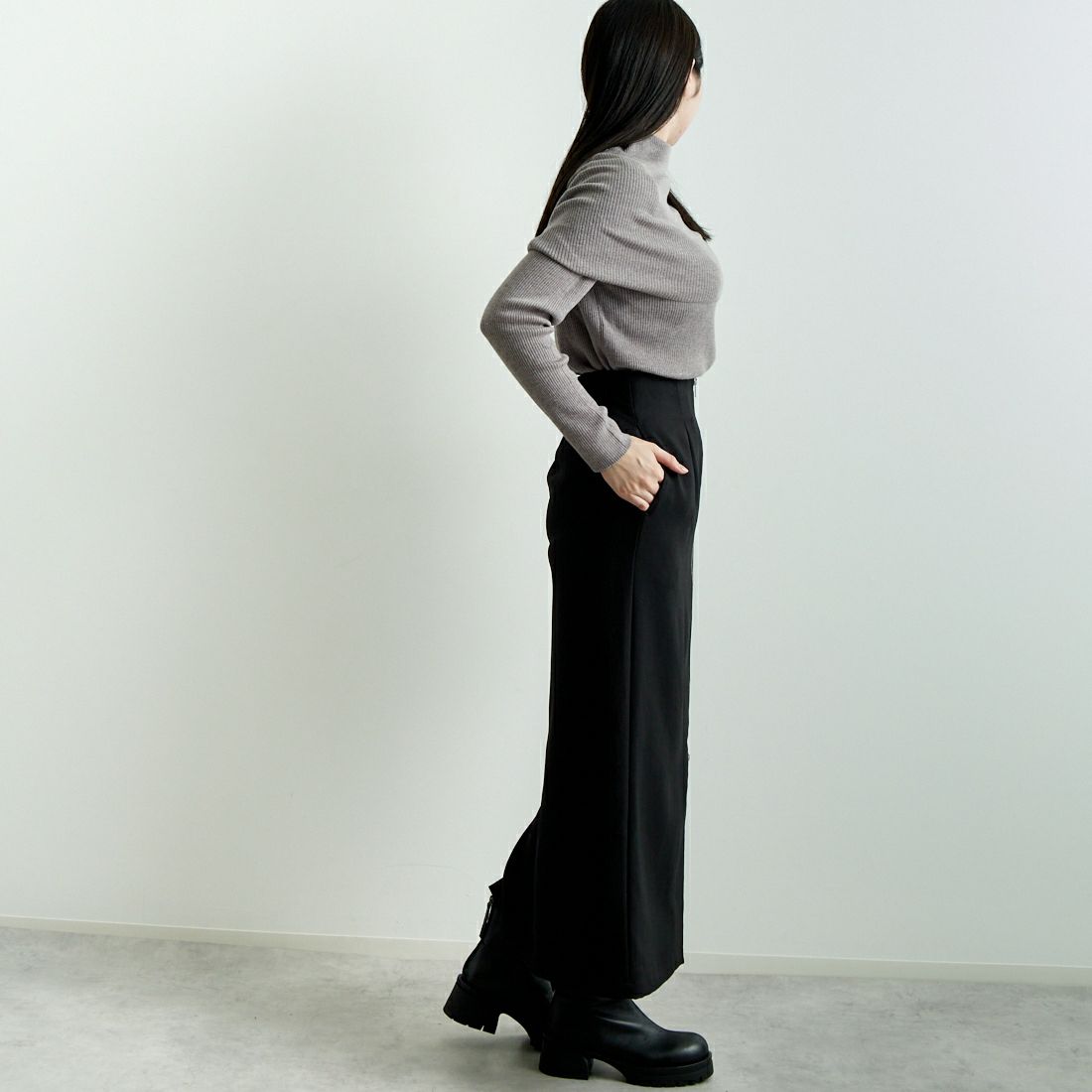 mizuiro ind [ミズイロインド] ケープカラーリブプルオーバー [4-220072] 19 L.BEIGE &&モデル身長：167m 着用サイズ：F&&