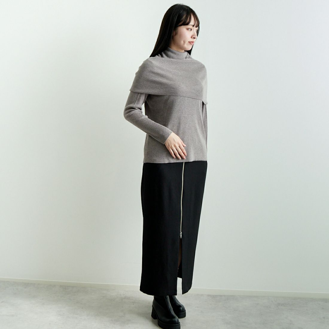 mizuiro ind [ミズイロインド] ケープカラーリブプルオーバー [4-220072] 19 L.BEIGE &&モデル身長：167m 着用サイズ：F&&