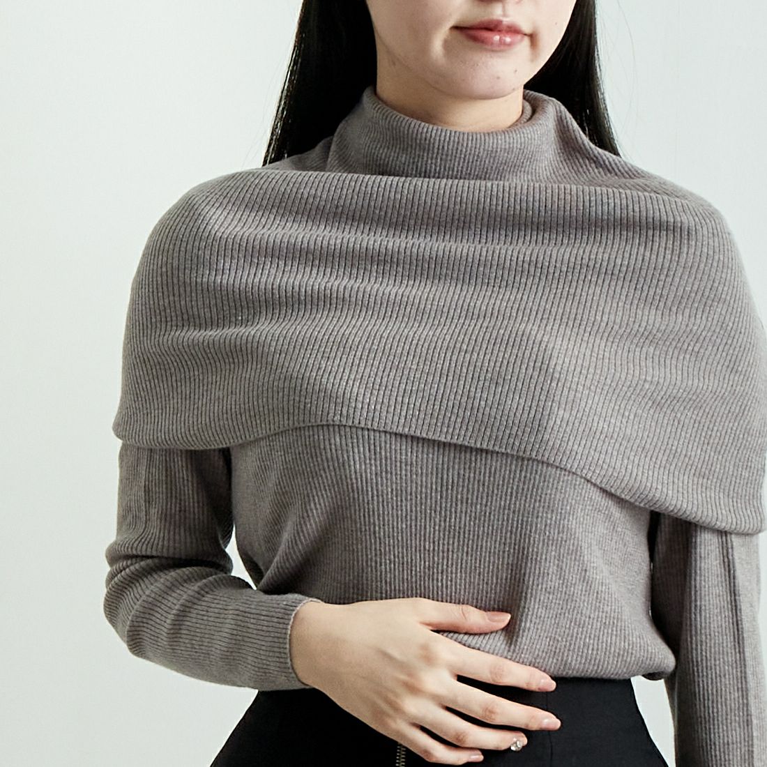 mizuiro ind [ミズイロインド] ケープカラーリブプルオーバー [4-220072] 19 L.BEIGE &&モデル身長：167m 着用サイズ：F&&