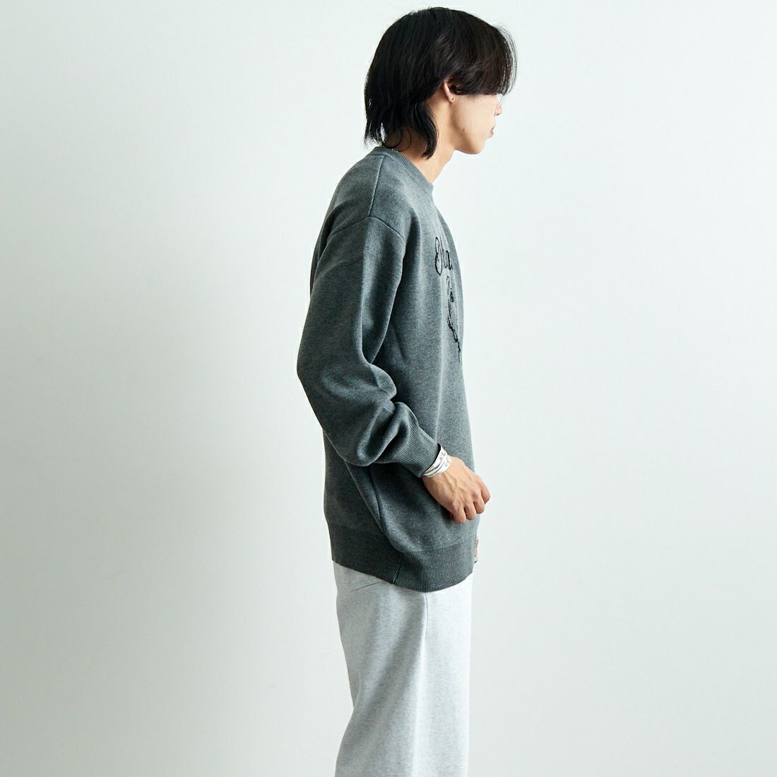 Jeans Factory Clothes [ジーンズファクトリークローズ] ダブルジャガードドックフェイスニット [JFC-244-068] GREY &&モデル身長：179cm 着用サイズ：L&&