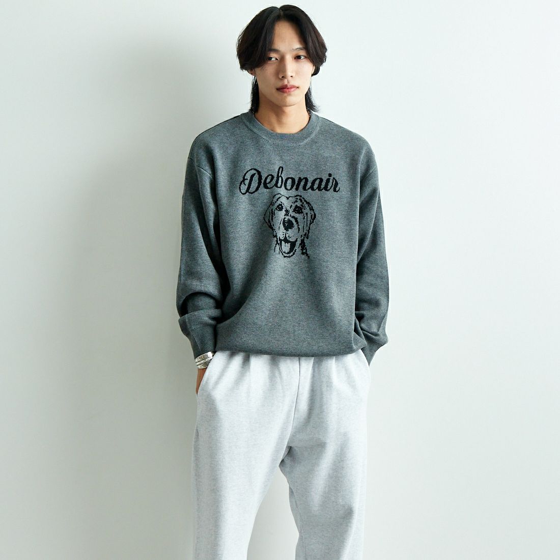 Jeans Factory Clothes [ジーンズファクトリークローズ] ダブルジャガードドックフェイスニット [JFC-244-068] GREY &&モデル身長：179cm 着用サイズ：L&&