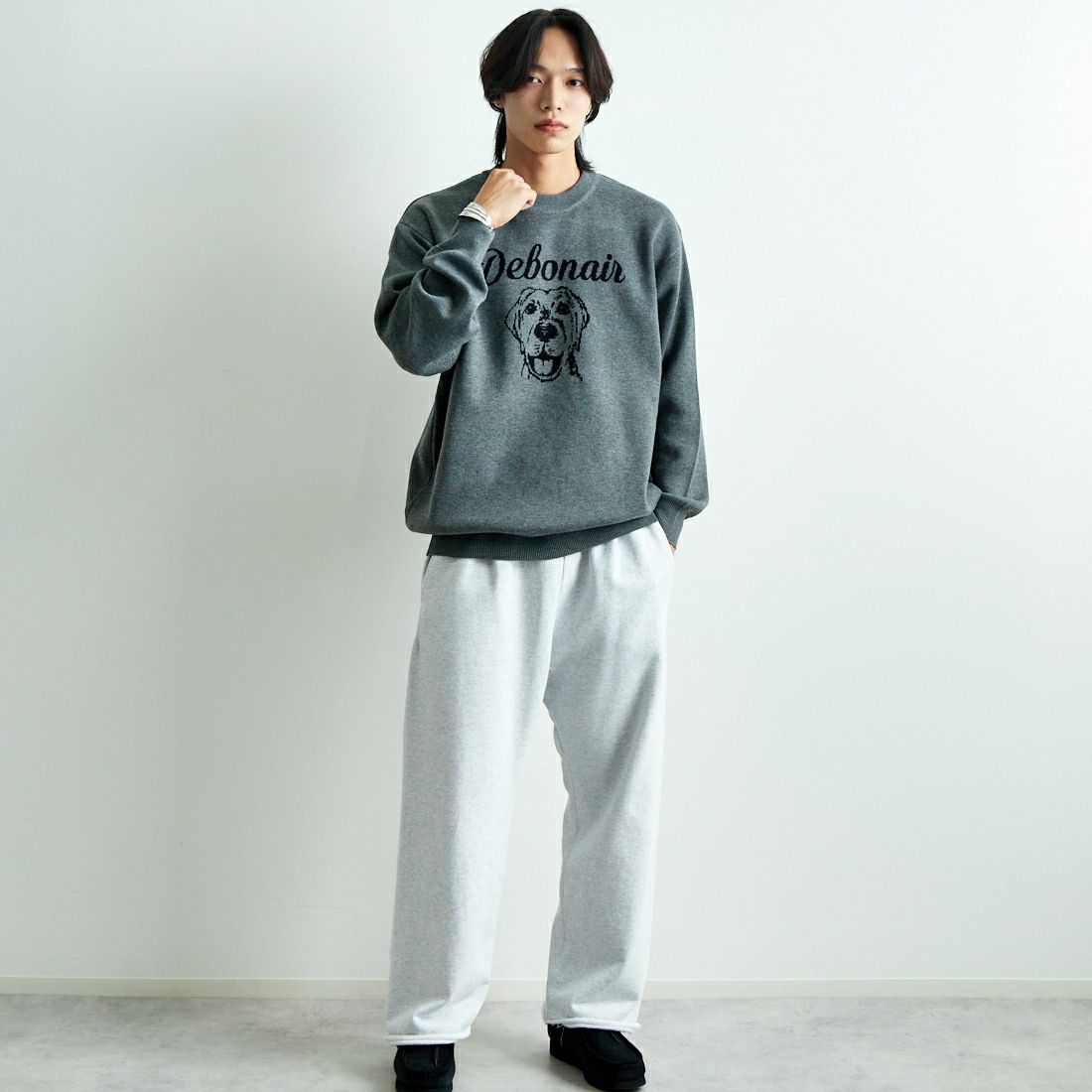 Jeans Factory Clothes [ジーンズファクトリークローズ] ダブルジャガードドックフェイスニット [JFC-244-068] GREY &&モデル身長：179cm 着用サイズ：L&&