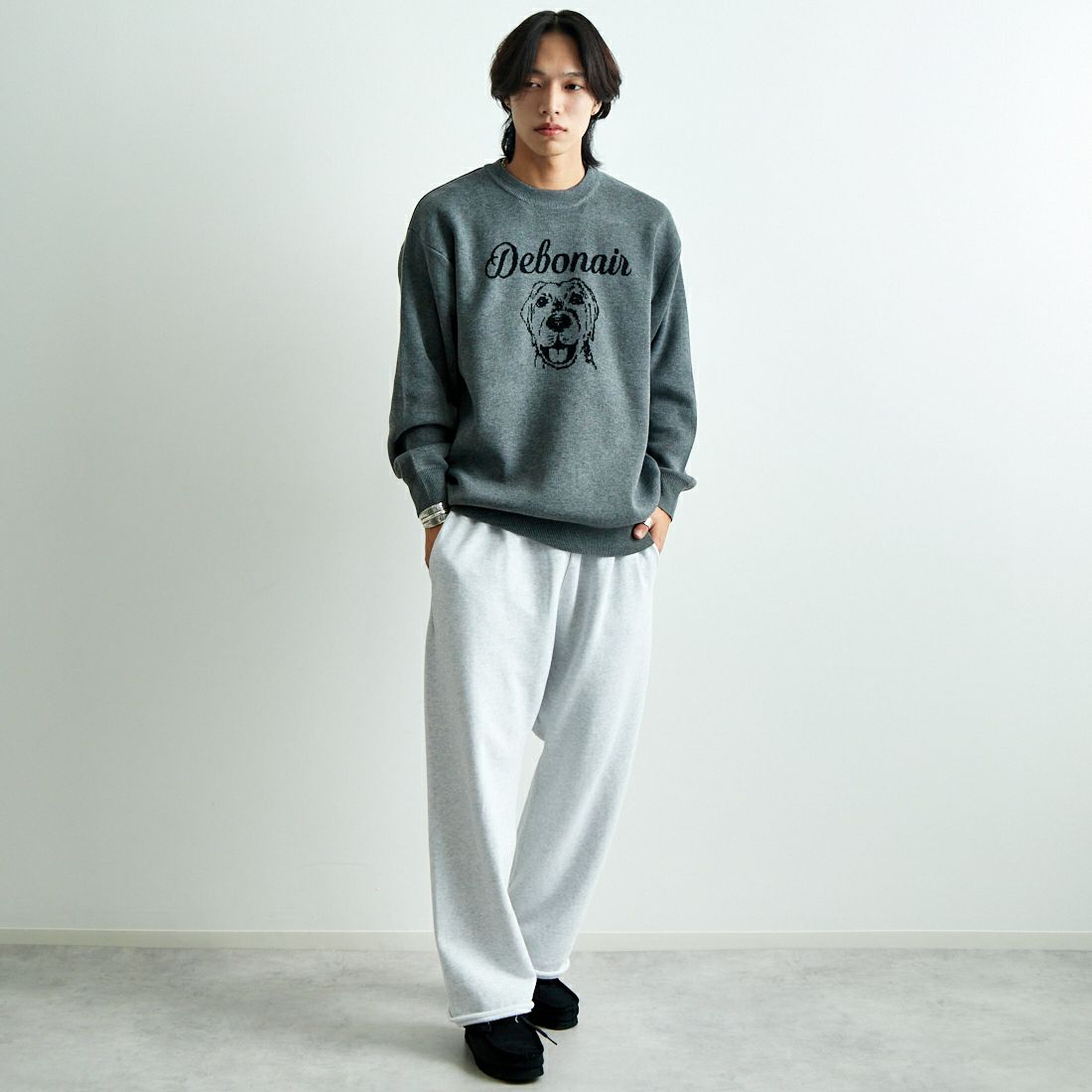 Jeans Factory Clothes [ジーンズファクトリークローズ] ダブルジャガードドックフェイスニット [JFC-244-068] GREY &&モデル身長：179cm 着用サイズ：L&&