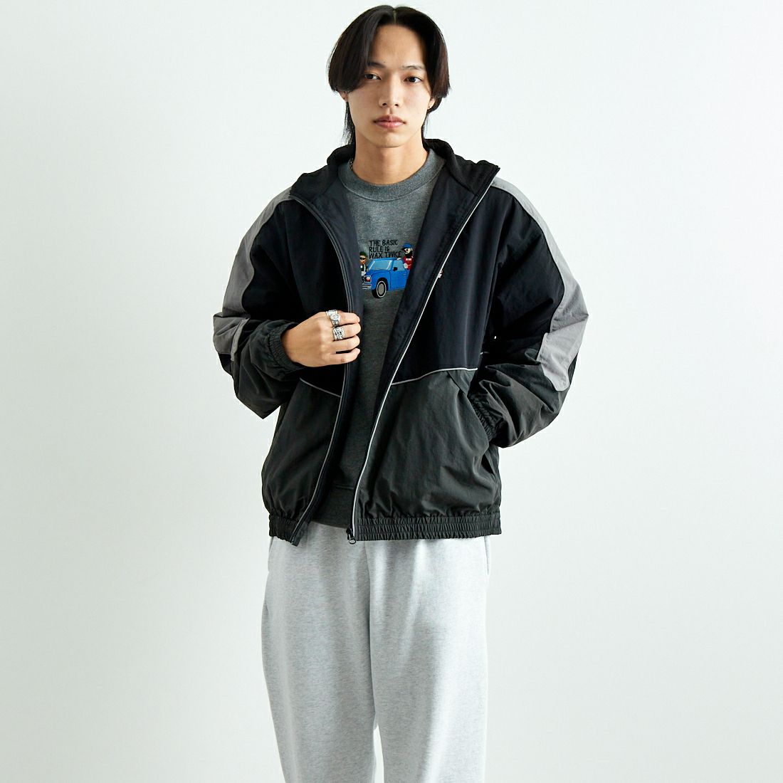 HELLO CALIF [ハローカリフ] ナイロンワッシャートラックジャケット [24412JF] BLACK &&モデル身長：179cm 着用サイズ：L&&