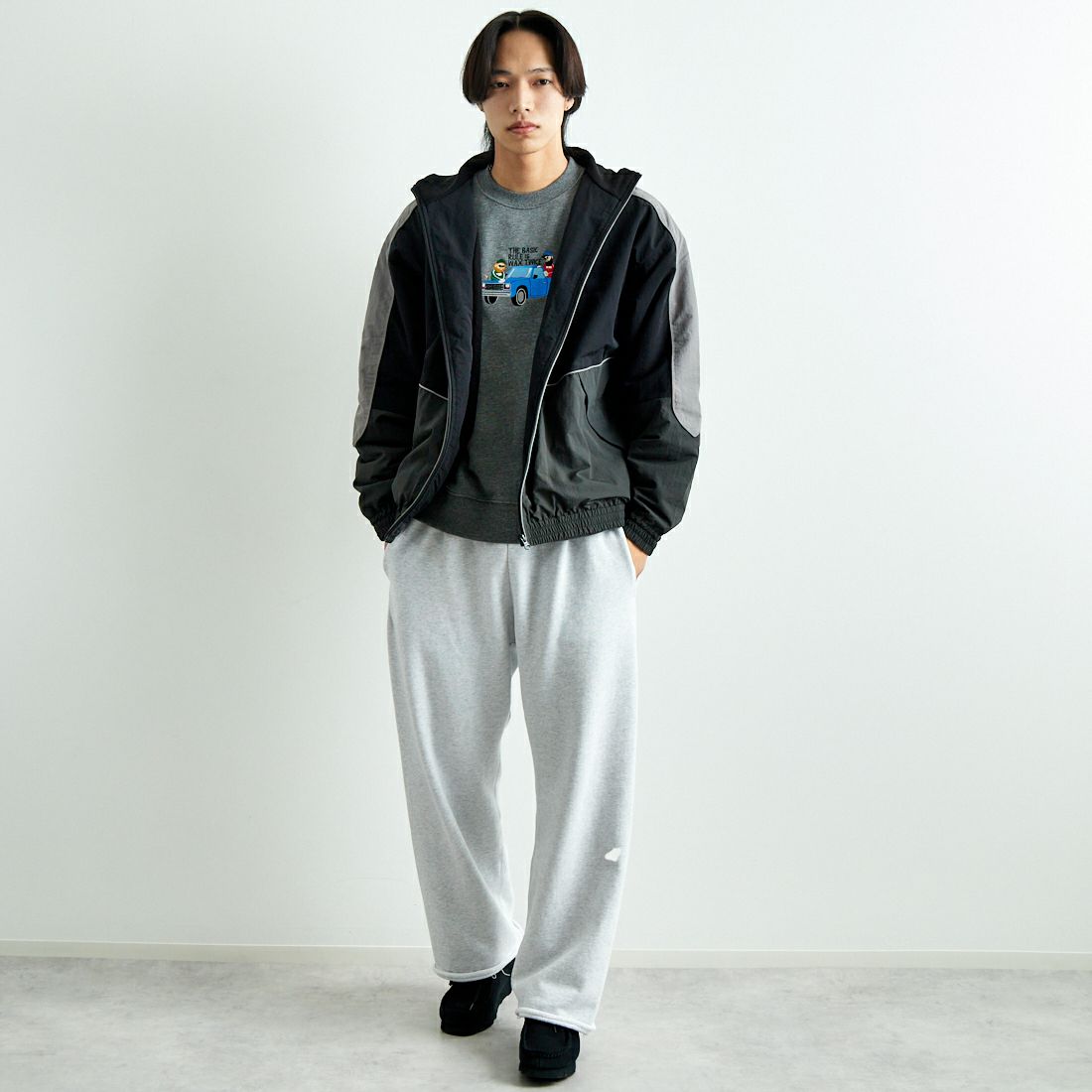 HELLO CALIF [ハローカリフ] ナイロンワッシャートラックジャケット [24412JF] BLACK &&モデル身長：179cm 着用サイズ：L&&