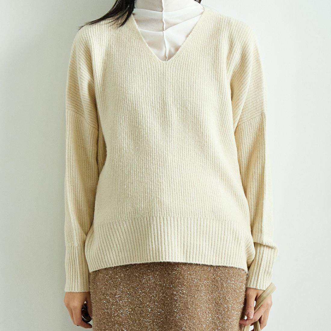 Jeans Factory Clothes [ジーンズファクトリークローズ] フォックス混Vネックニット [998-17530] 03 ﾊﾞﾆﾗ &&モデル身長：167cm 着用サイズ：F&&