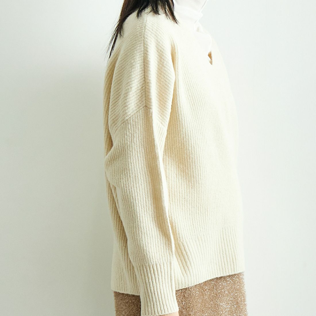 Jeans Factory Clothes [ジーンズファクトリークローズ] フォックス混Vネックニット [998-17530] 03 ﾊﾞﾆﾗ &&モデル身長：167cm 着用サイズ：F&&