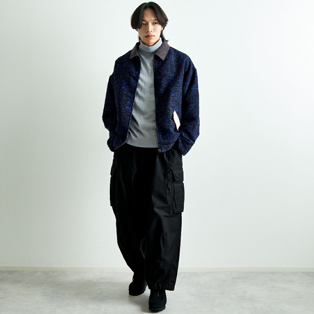 HELLO CALIF [ハローカリフ] リングヤーンショートワークジャケット [HC-244-073] 530 BLUE &&モデル身長：179cm 着用サイズ：L&&