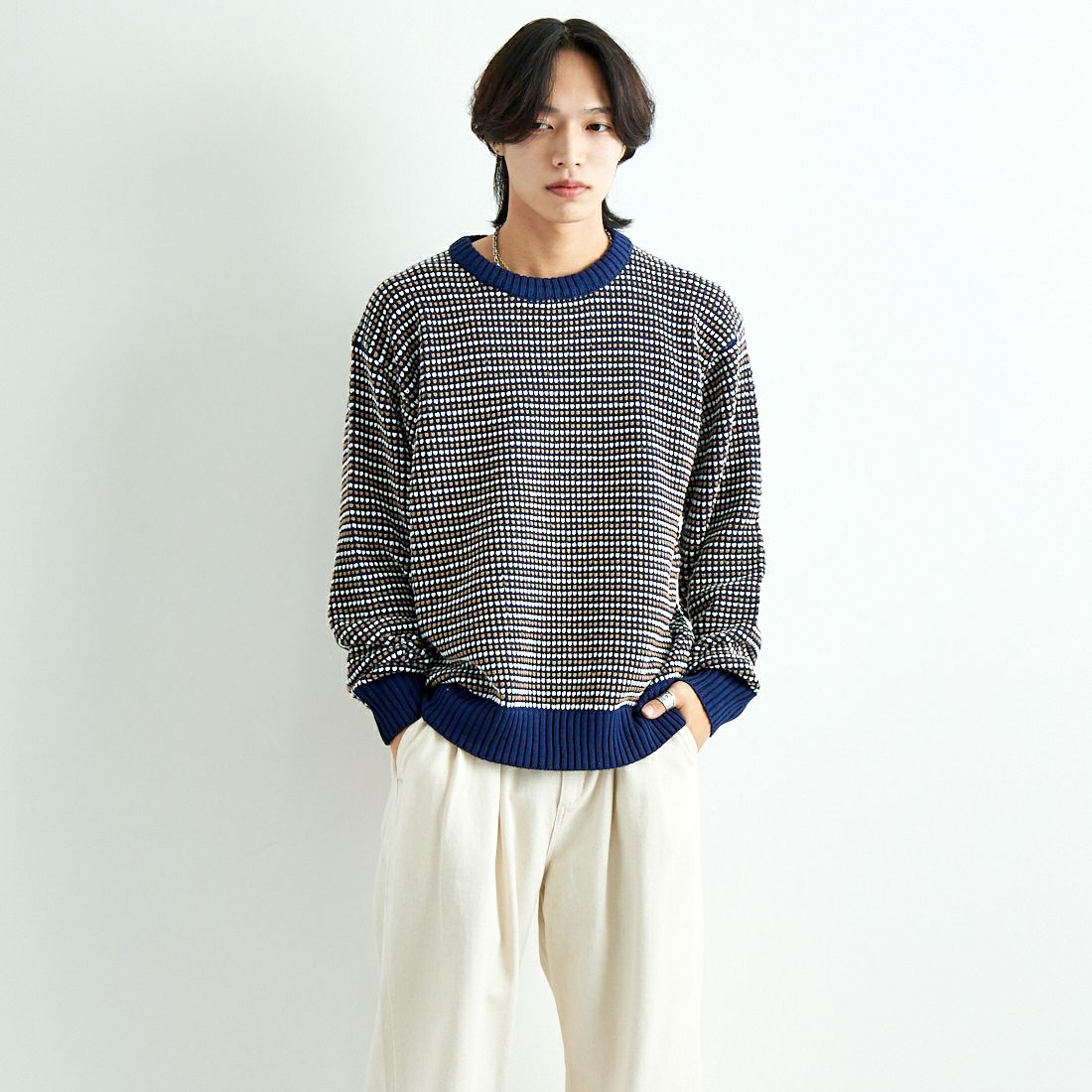 Noir Fabrik [ヌワールファブリック] ポップコーン編み クルーネックニット [NF-244-093] NVY &&モデル身長：179cm 着用サイズ：M&&