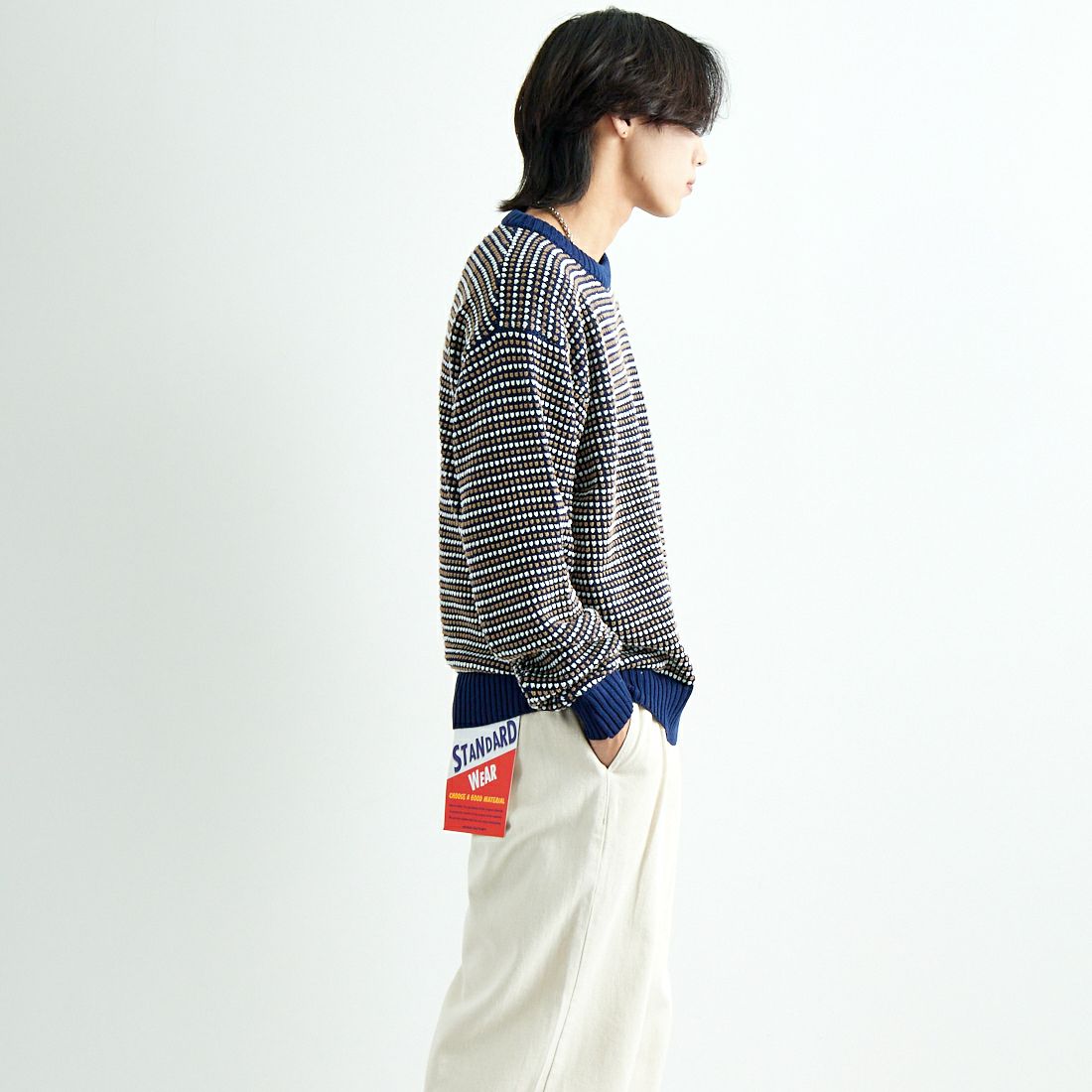 Noir Fabrik [ヌワールファブリック] ポップコーン編み クルーネックニット [NF-244-093] NVY &&モデル身長：179cm 着用サイズ：M&&