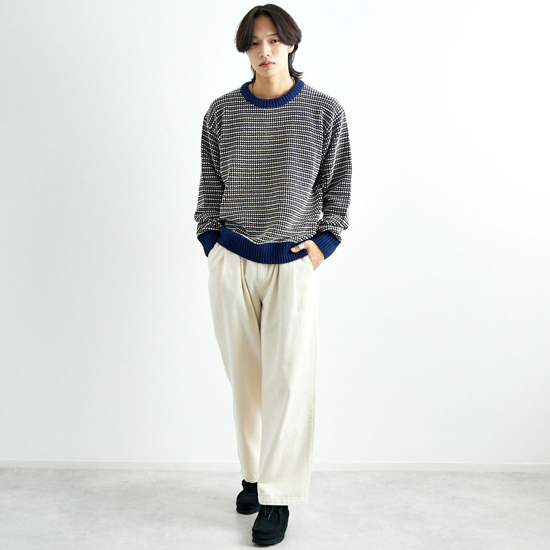 Noir Fabrik [ヌワールファブリック] ポップコーン編み クルーネックニット [NF-244-093] NVY &&モデル身長：179cm 着用サイズ：M&&