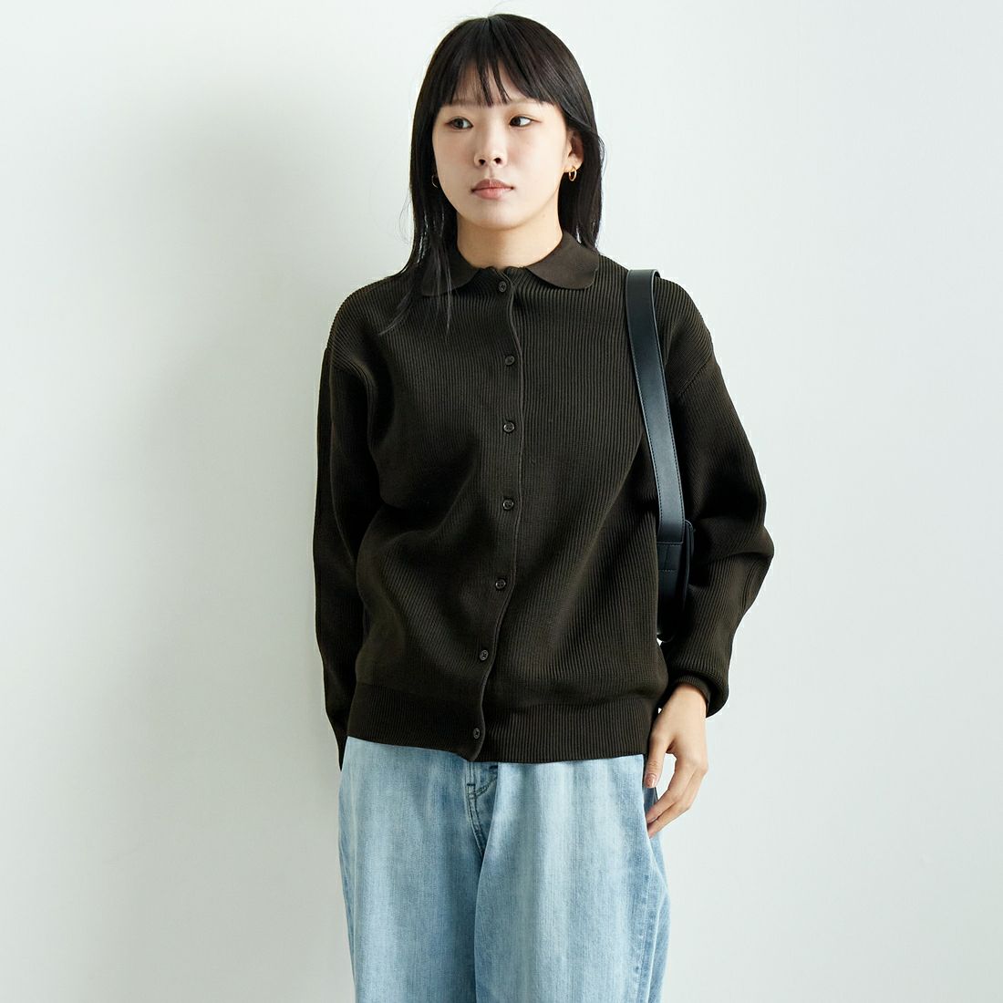 Jf Ready Made [ジェイエフレディメイド] ニットシャツ [724807] BROWN &&モデル身長：167cm 着用サイズ：F&&