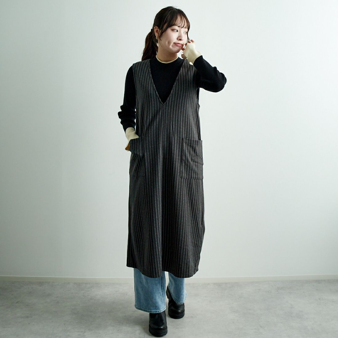 Jf Ready Made [ジェイエフレディメイド] Vネックワンピース [8544706-01] 14 ｸﾞﾚｰｽﾄﾗ &&モデル身長：167cm 着用サイズ：F&&