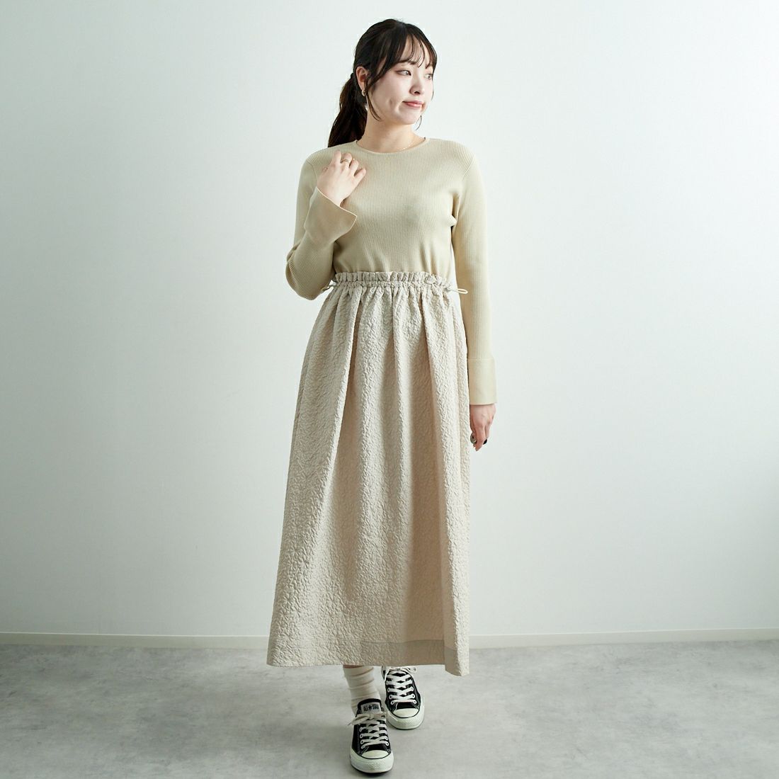 Jeans Factory Clothes [ジーンズファクトリークローズ] ニットエンボスドッキングワンピース [11243812] ｴｸﾘｭ &&モデル身長：167cm 着用サイズ：F&&