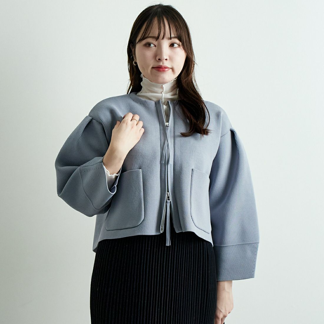 Jeans Factory Clothes [ジーンズファクトリークローズ] ランタンスリーブニットブルゾン [998-17535] 06 ｸﾞﾚｰ &&モデル身長：167cm 着用サイズ：F&&
