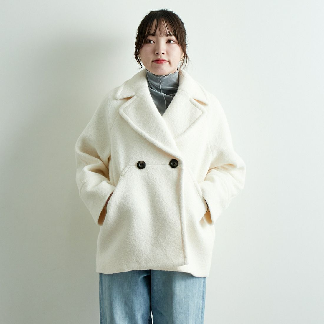Jeans Factory Clothes [ジーンズファクトリークローズ] ライトウェーブニットショートPコート [8920574-00] 02 ｵﾌ &&モデル身長：167cm 着用サイズ：F&&