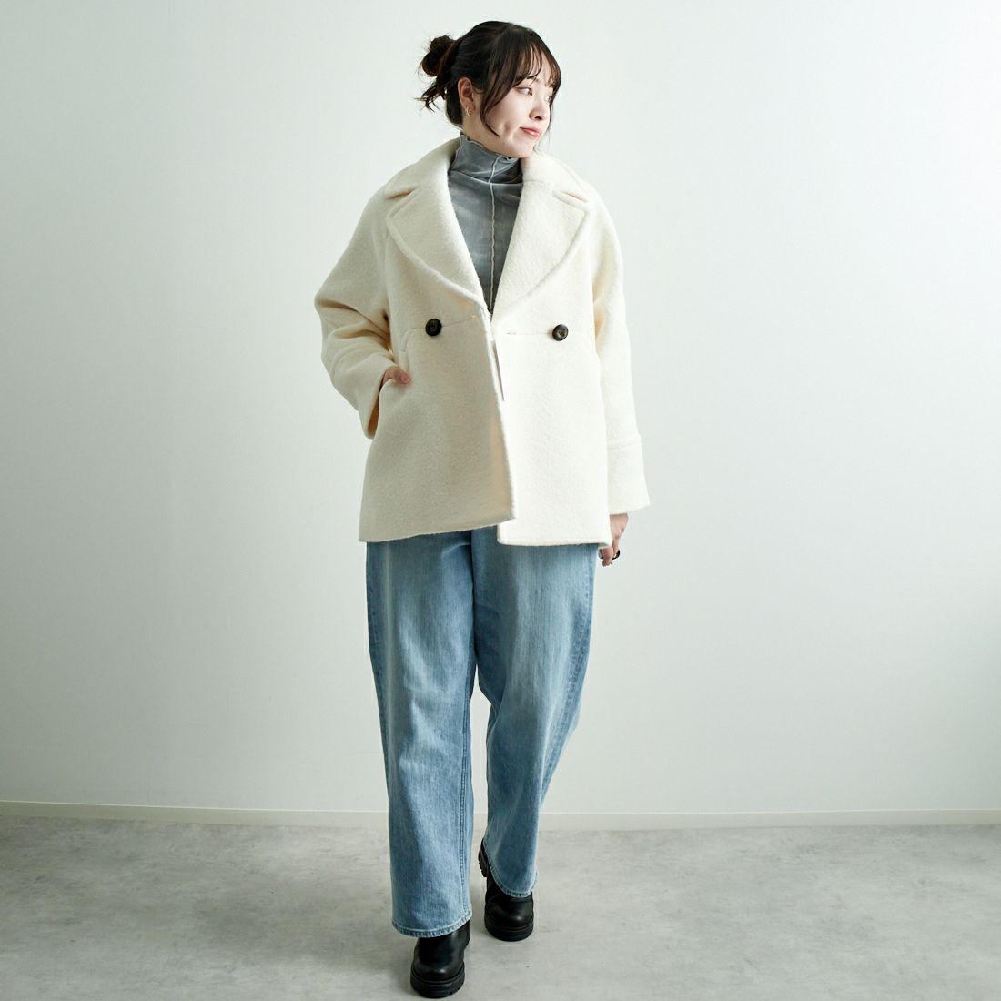 Jeans Factory Clothes [ジーンズファクトリークローズ] ライトウェーブニットショートPコート [8920574-00] 02 ｵﾌ &&モデル身長：167cm 着用サイズ：F&&