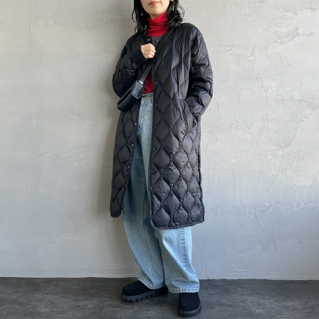 TAION [タイオン] MILITARY ソフトシェル オーバーサイズダウンコート [TAION-W104LSBPML-1-L] BLACK &&モデル身長：160cm 着用サイズ：M&&