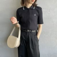FRED PERRY [フレッドペリー] 別注 ツインティップライン リブポロシャツ [FPW-25S-009-JF] BLK/SLV &&モデル身長：158cm 着用サイズ：10&&
